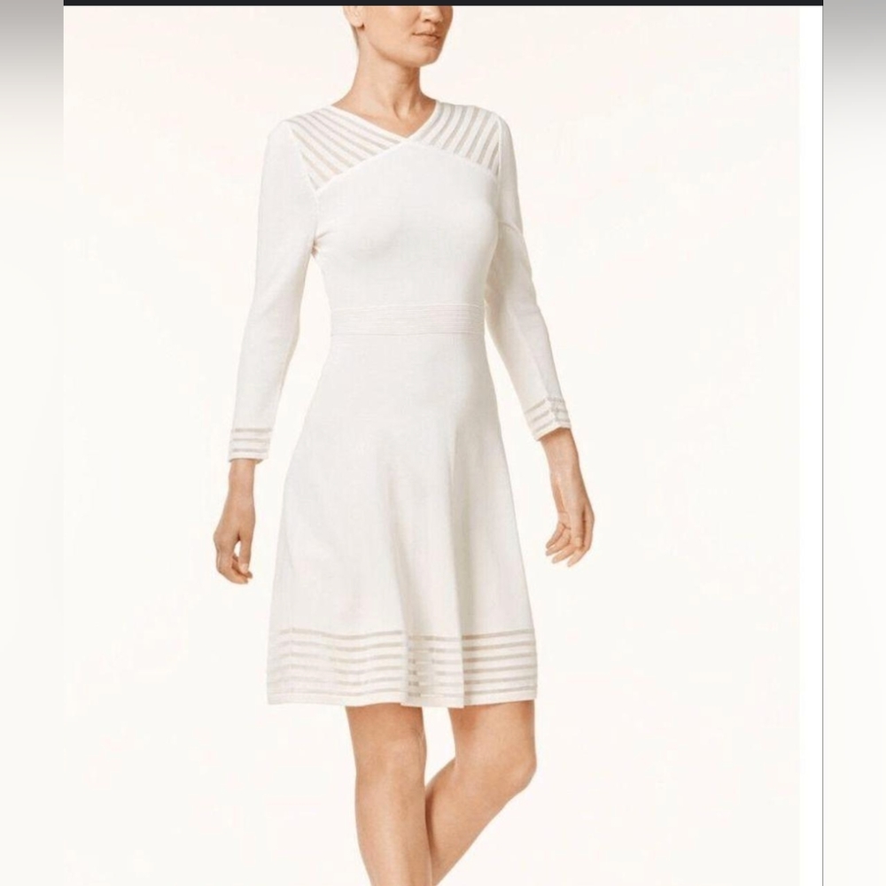 Calvin Klein White Ribbed A-Line Long Sleeve Dress